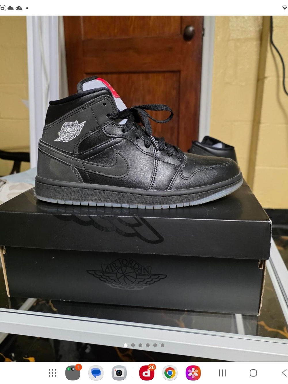 Jordan Black Leather Mid-Top Sneakers with Red Tongue Accent